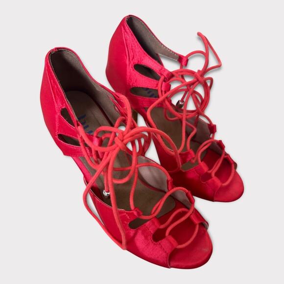 Burju Latin Dance Alemana Red Satin Open Toe Lace Up Heeled Sandals Size 6.5 - Picture 3 of 16